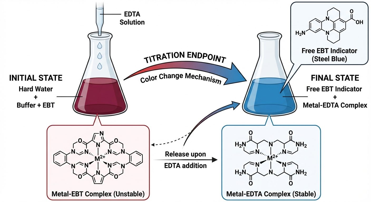 A detailed chemical process diagram illustrating the EDTA titration method. The diagram should show ...