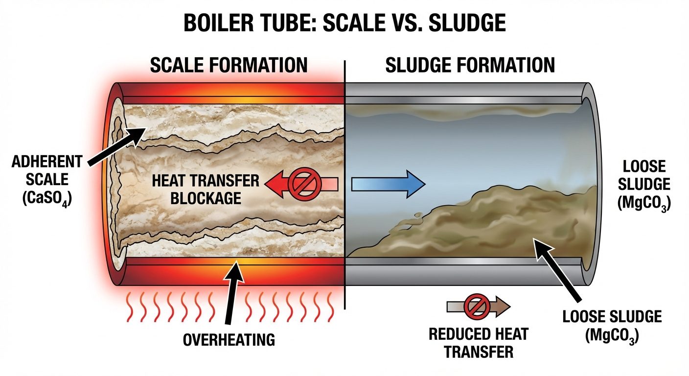A cross-sectional comparative diagram of a boiler tube showing "Scale vs. Sludge". The left side of ...
