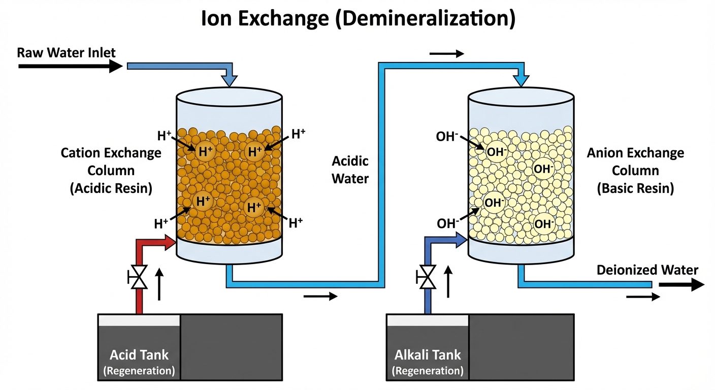 A schematic block diagram of the Ion Exchange (Demineralization) process. The flow moves from left t...
