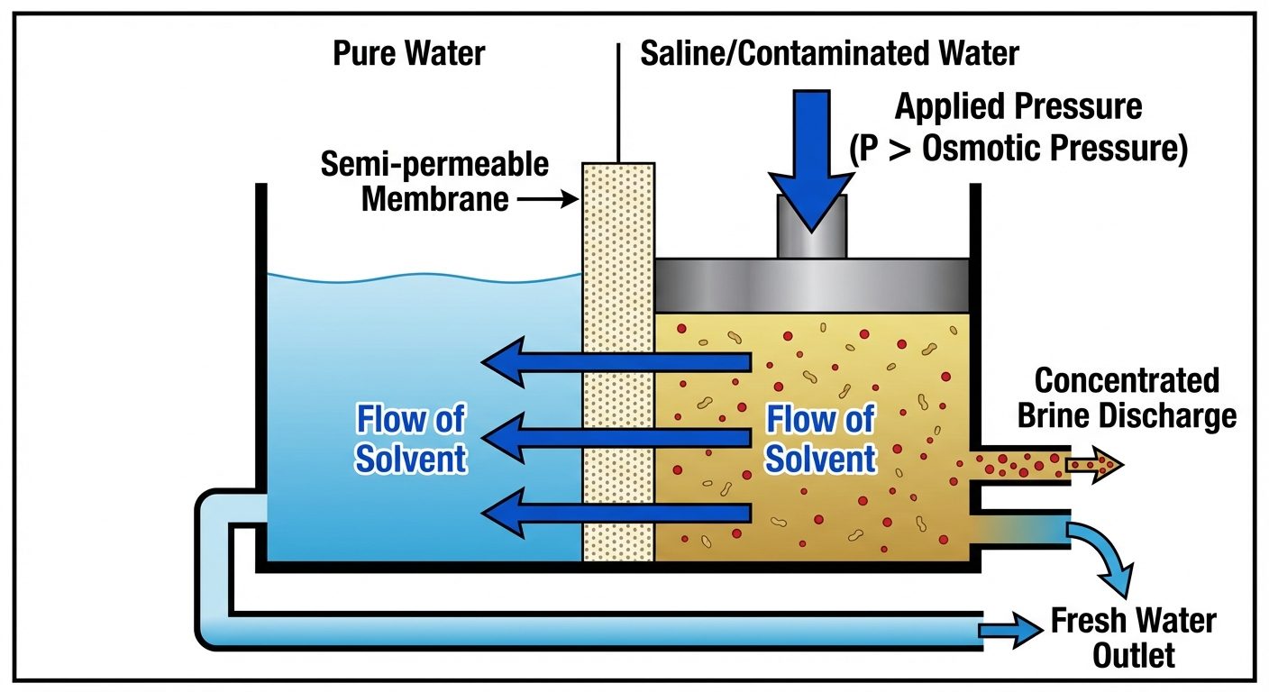 A conceptual diagram illustrating the Reverse Osmosis (RO) principle. The image should show a contai...