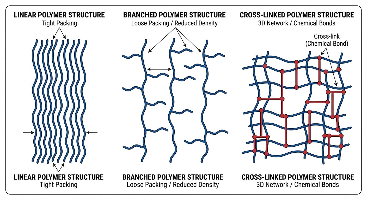 A detailed schematic diagram comparing three polymer structures: Linear, Branched, and Cross-linked....