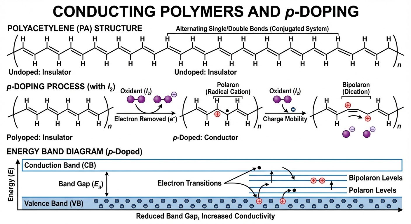 Diagram illustrating the concept of Conducting Polymers and Doping. Top panel: Structure of Polyacet...