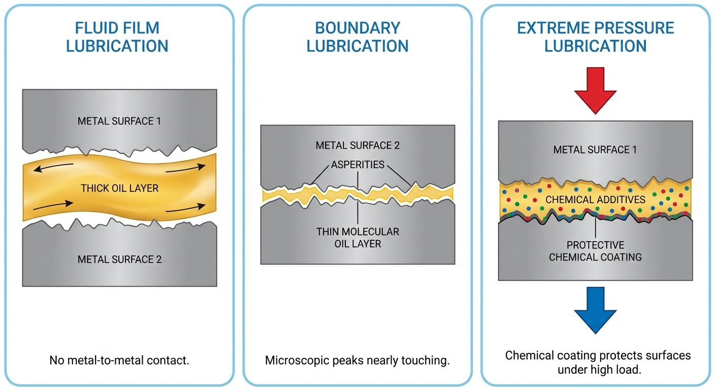 A comparison diagram showing three Lubrication Mechanisms. 1. "Fluid Film Lubrication": Two grey met...