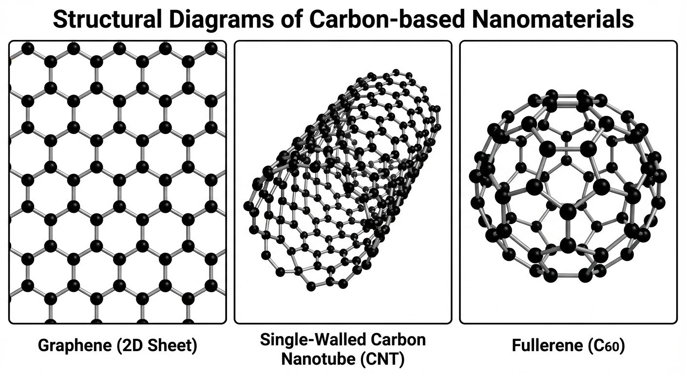 Structural diagrams of Carbon-based Nanomaterials. Three distinct panels side-by-side. Panel 1: Grap...