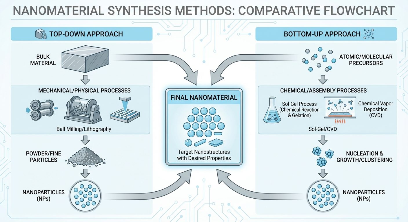 A comparative flowchart visualization of Nanomaterial Synthesis Methods. Left side titled 'Top-Down ...