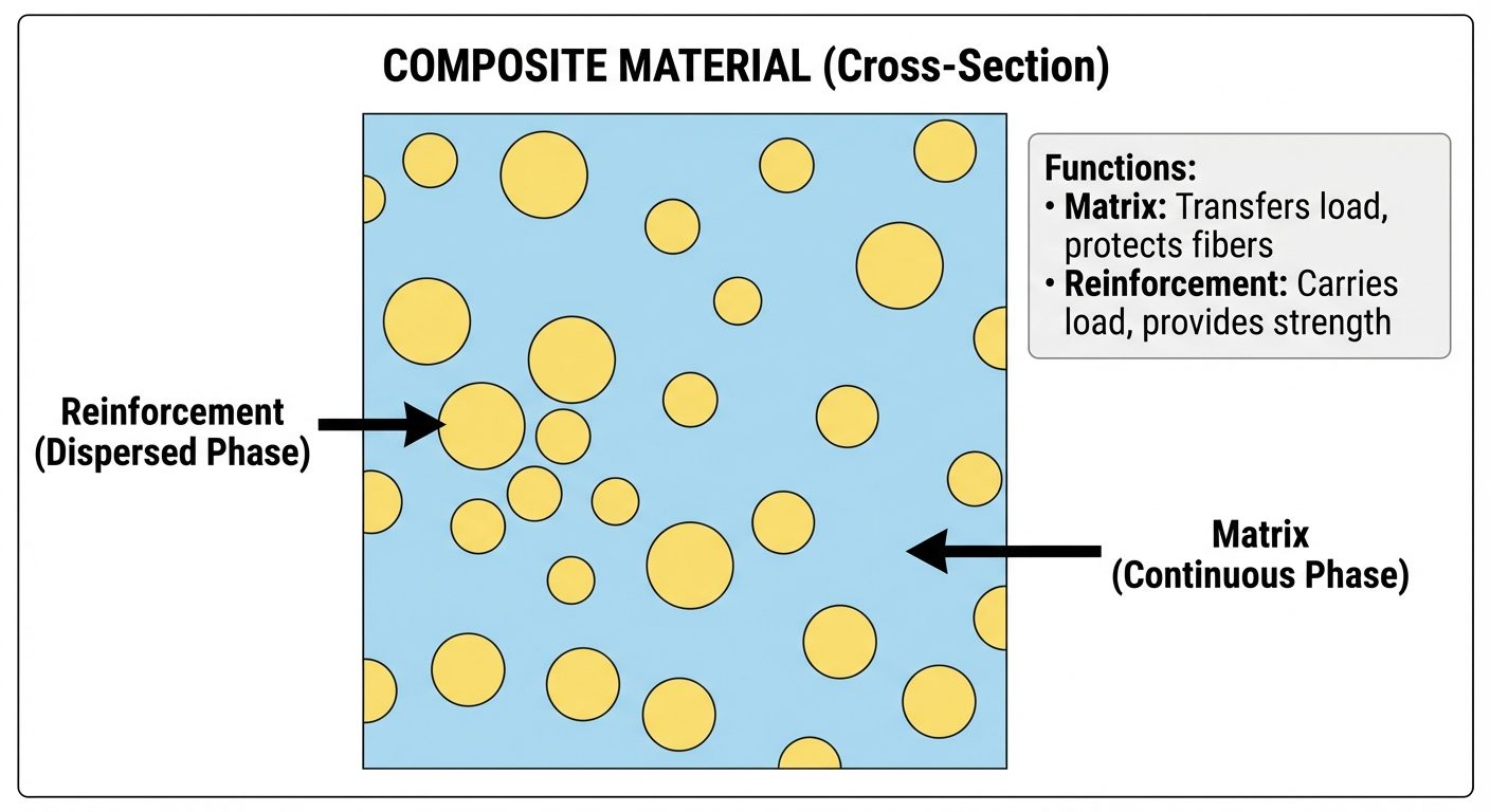 A cross-sectional diagram showing the components of a Composite Material. The image should show circ...