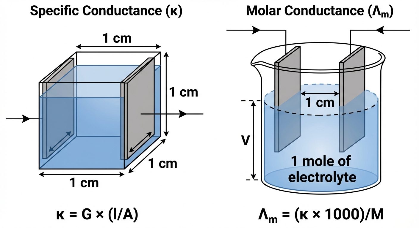 A diagram illustrating the definitions of Specific and Molar Conductance. The left side shows a cube...