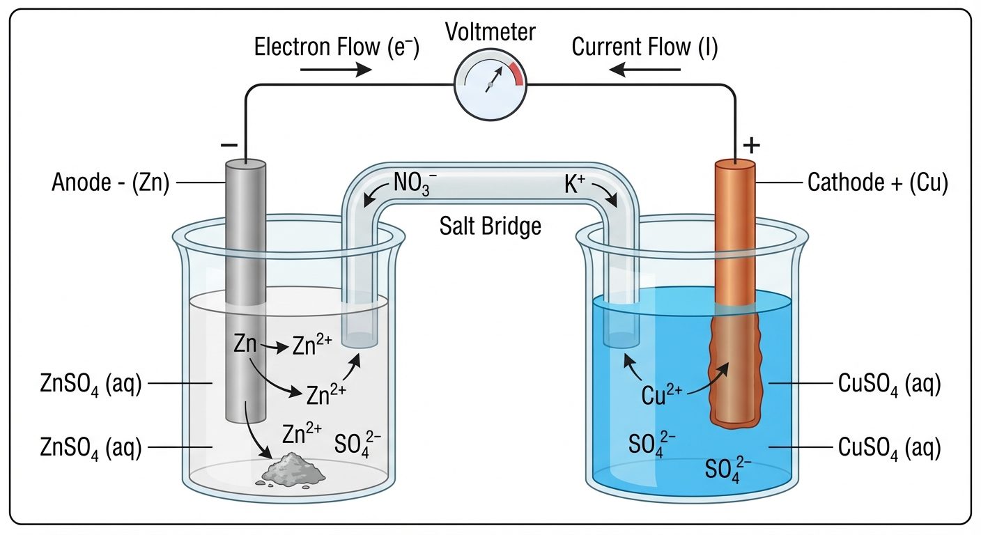 Detailed schematic diagram of a Daniel Cell (Galvanic Cell). Left beaker contains Zinc rod dipped in...