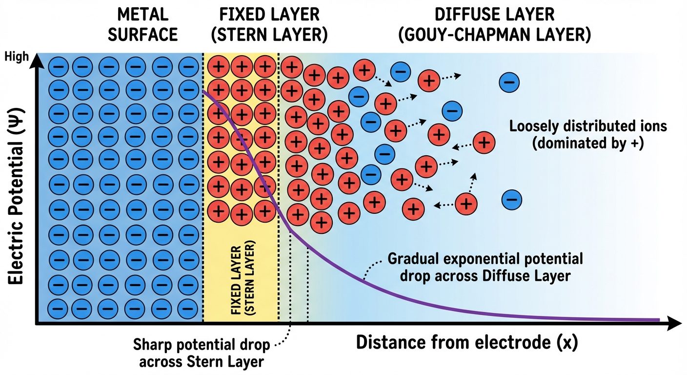 A conceptual diagram of the Helmholtz Double Layer (HDL) at a metal-solution interface. The left sid...