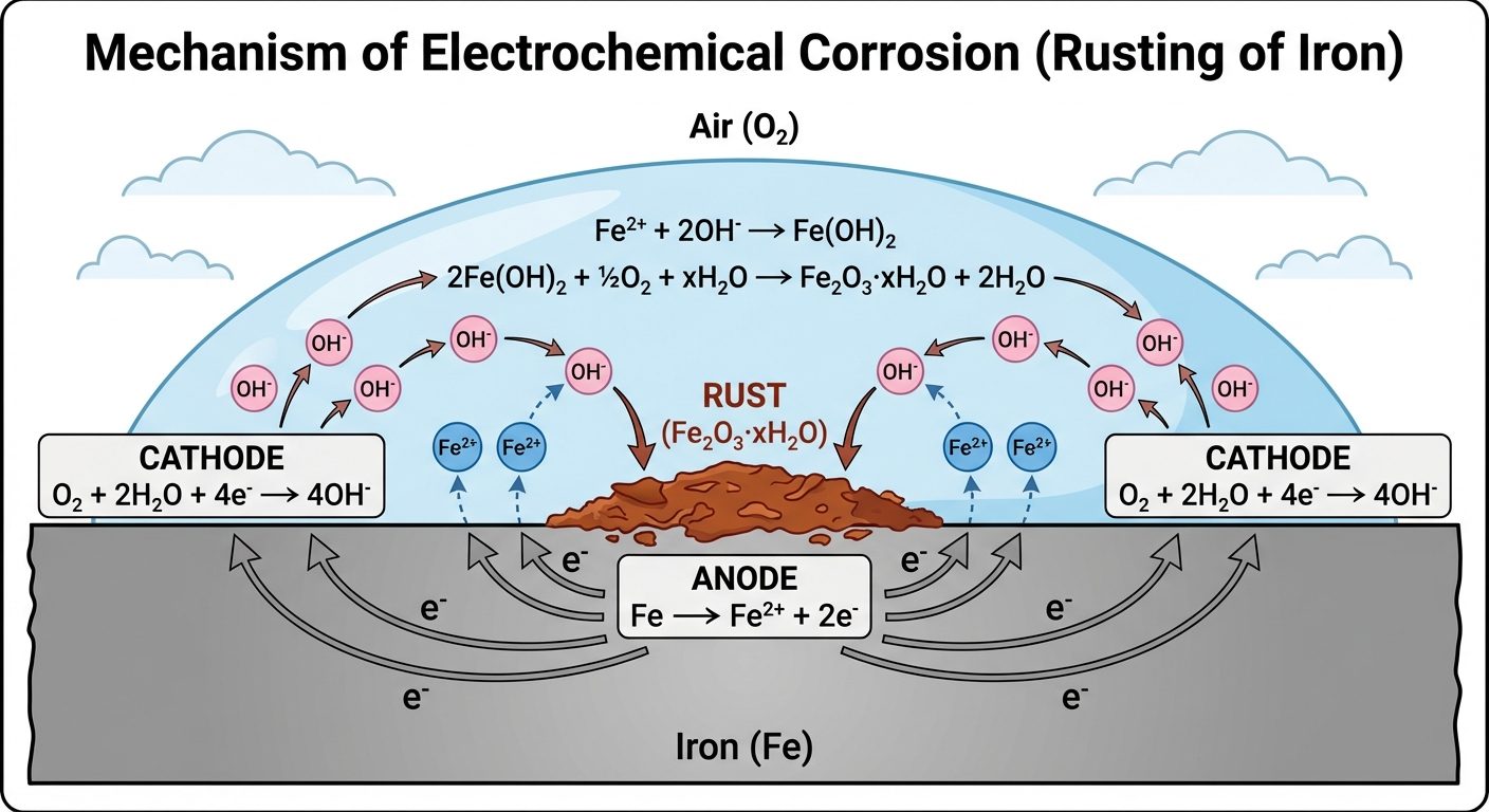 A detailed schematic cross-section diagram showing the mechanism of electrochemical corrosion (rusti...