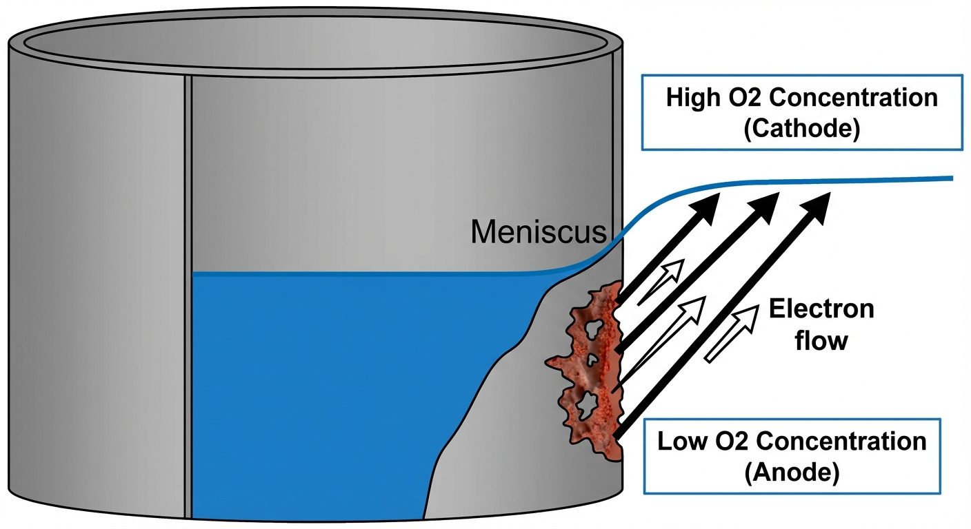 A diagram illustrating Water-line Corrosion in a steel water tank. Show a cross-section of a contain...