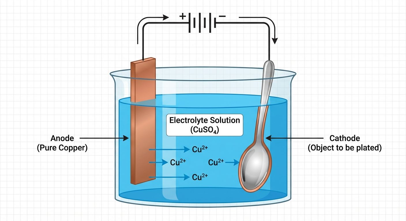 A labeled schematic diagram of an Electroplating setup. Show a glass beaker containing a blue liquid...