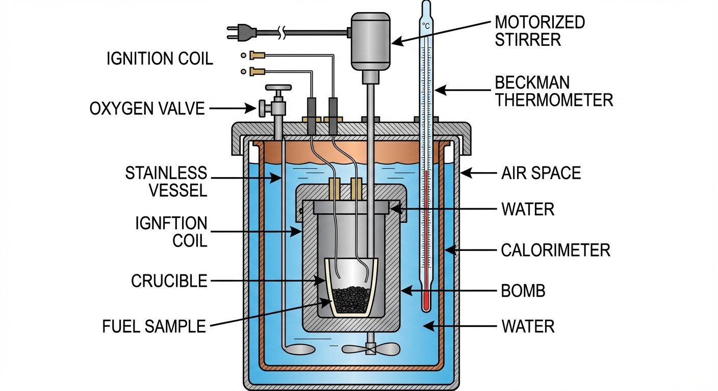 A detailed cross-sectional diagram of a Bomb Calorimeter setup. The image should feature a central s...