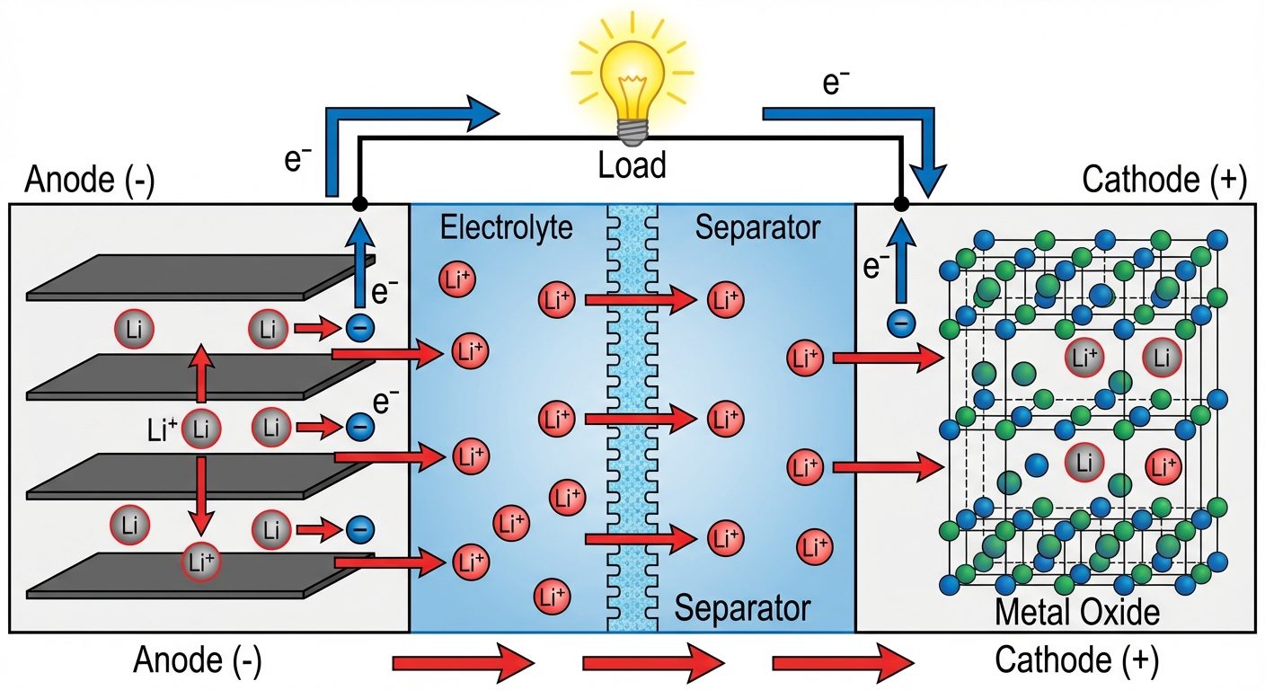 A diagram illustrating the working mechanism of a Lithium-Ion battery during the Discharge phase. Th...