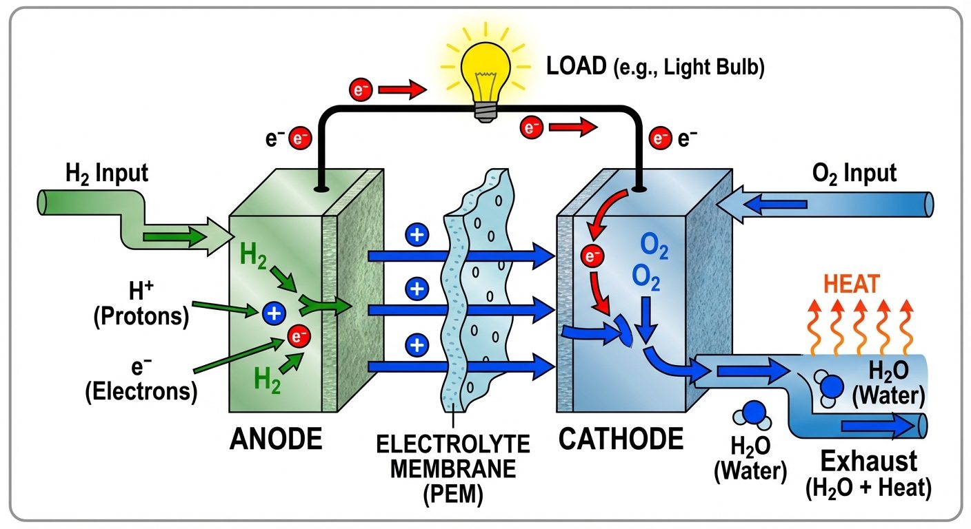 A schematic block diagram of a Hydrogen-Oxygen Fuel Cell (PEM type). The diagram should show a sandw...