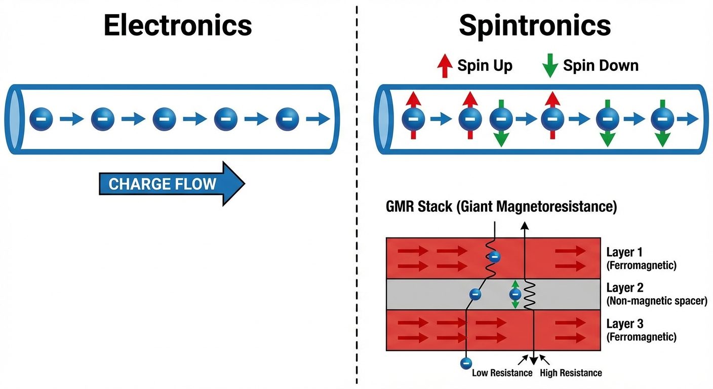 A conceptual comparison diagram between "Electronics" and "Spintronics". The left side labeled "Elec...