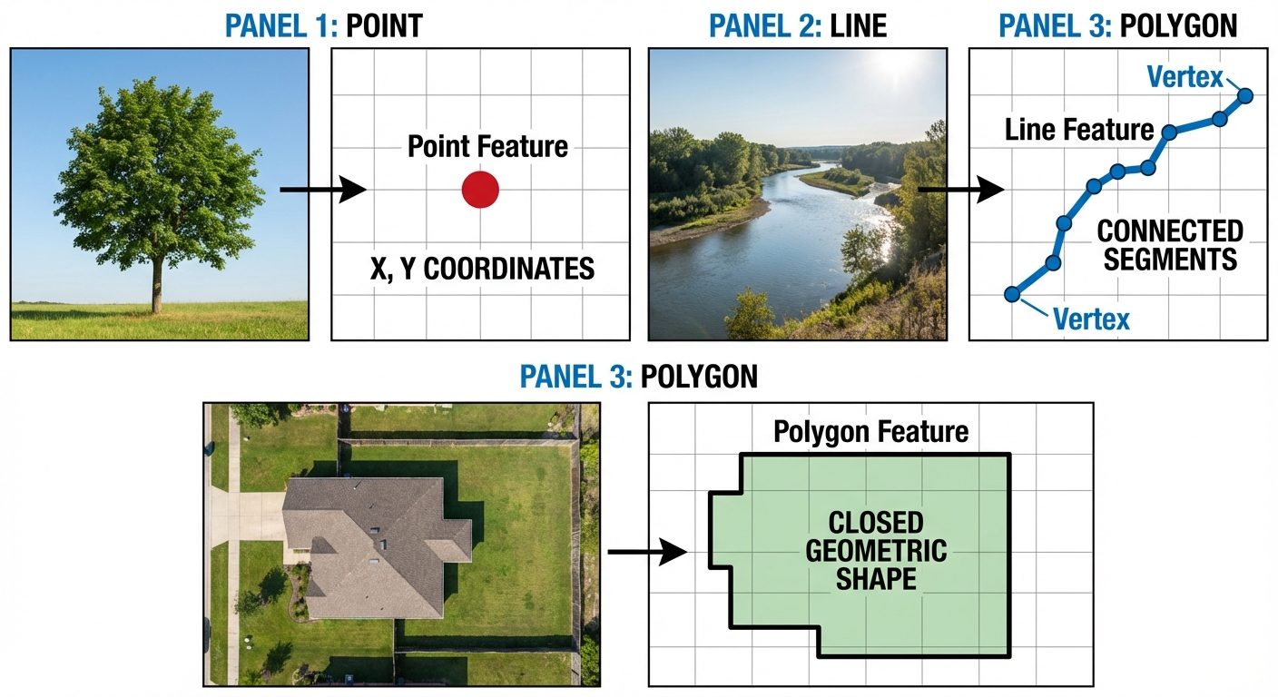A comparative educational diagram showing real-world features translated into GIS vector spatial dat...