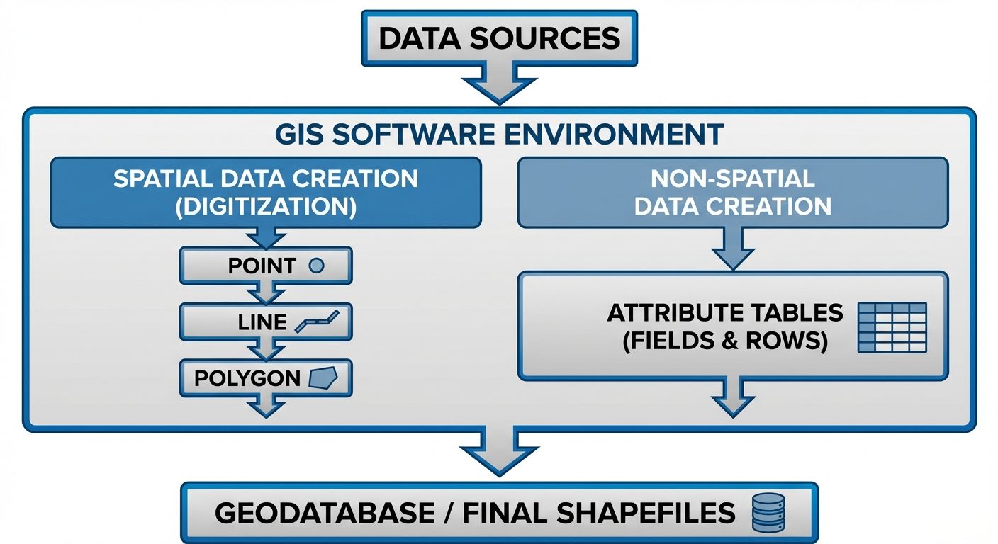 A detailed block diagram illustrating the GIS Data Structure Workflow. Top box labeled "Data Sources...