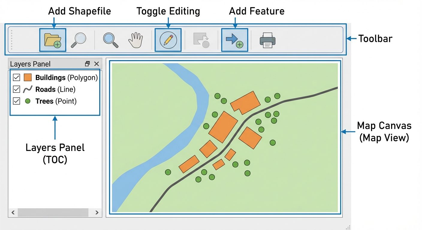 A graphical representation of a typical GIS software interface layout. Show a large central 'Map Can...