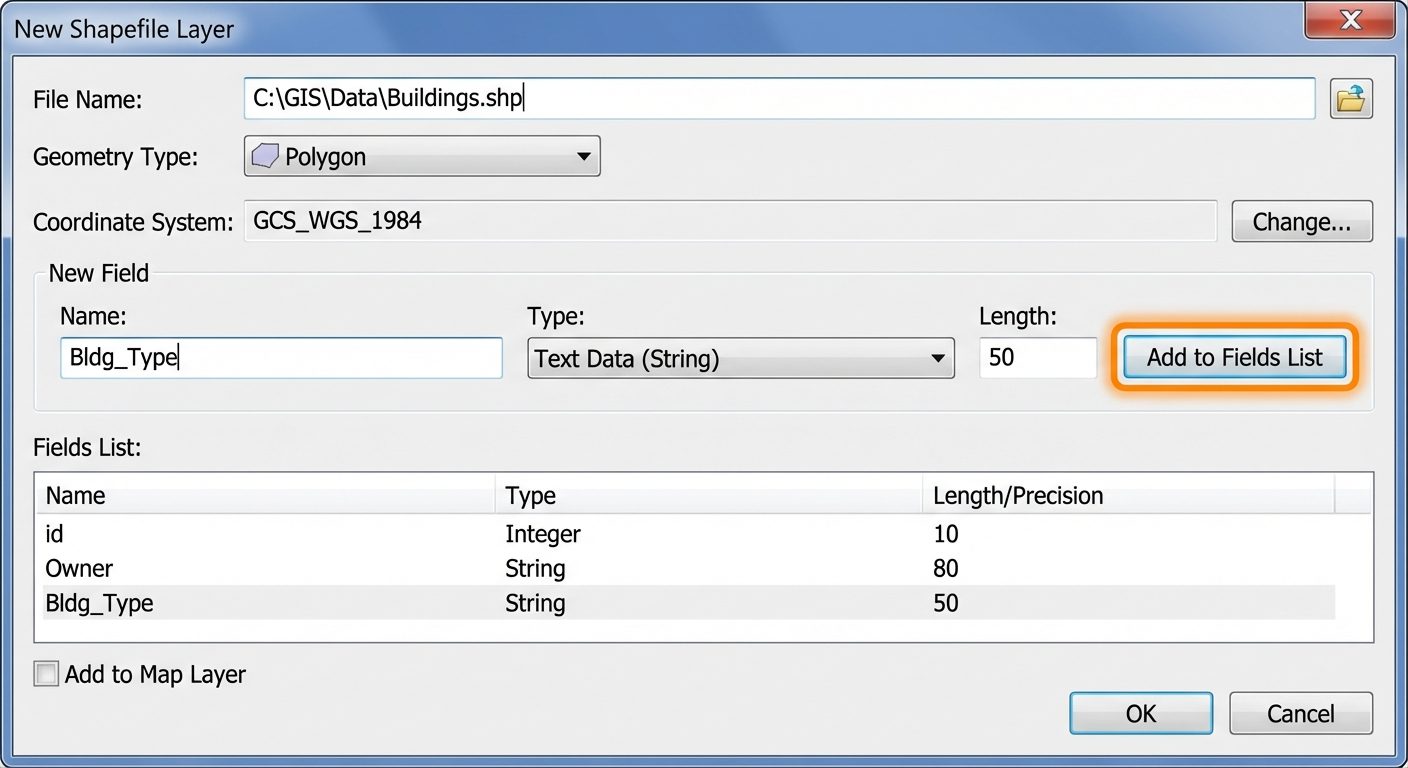 A clear visualization of a "New Shapefile Layer" dialog box in GIS software. Show the Geometry Type ...