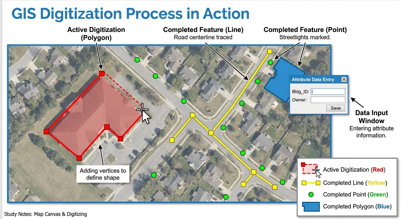 A map canvas showing the digitization process in action. A satellite image background showing a neig...