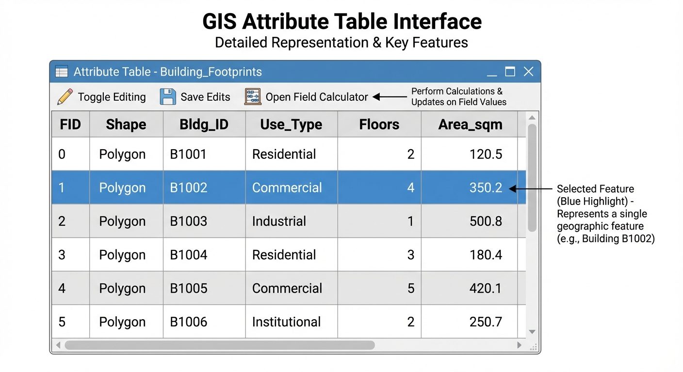 A detailed representation of a GIS Attribute Table interface. The window title reads 'Attribute Tabl...