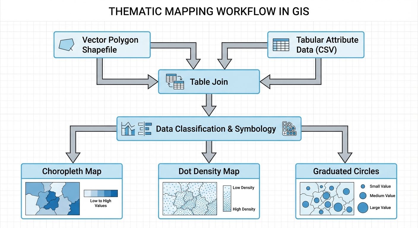 A comprehensive block diagram illustrating the workflow of Thematic Mapping in GIS. Show two input b...