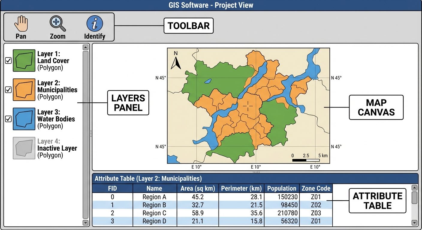 A detailed schematic illustration of a standard GIS software Graphical User Interface (GUI). On the ...