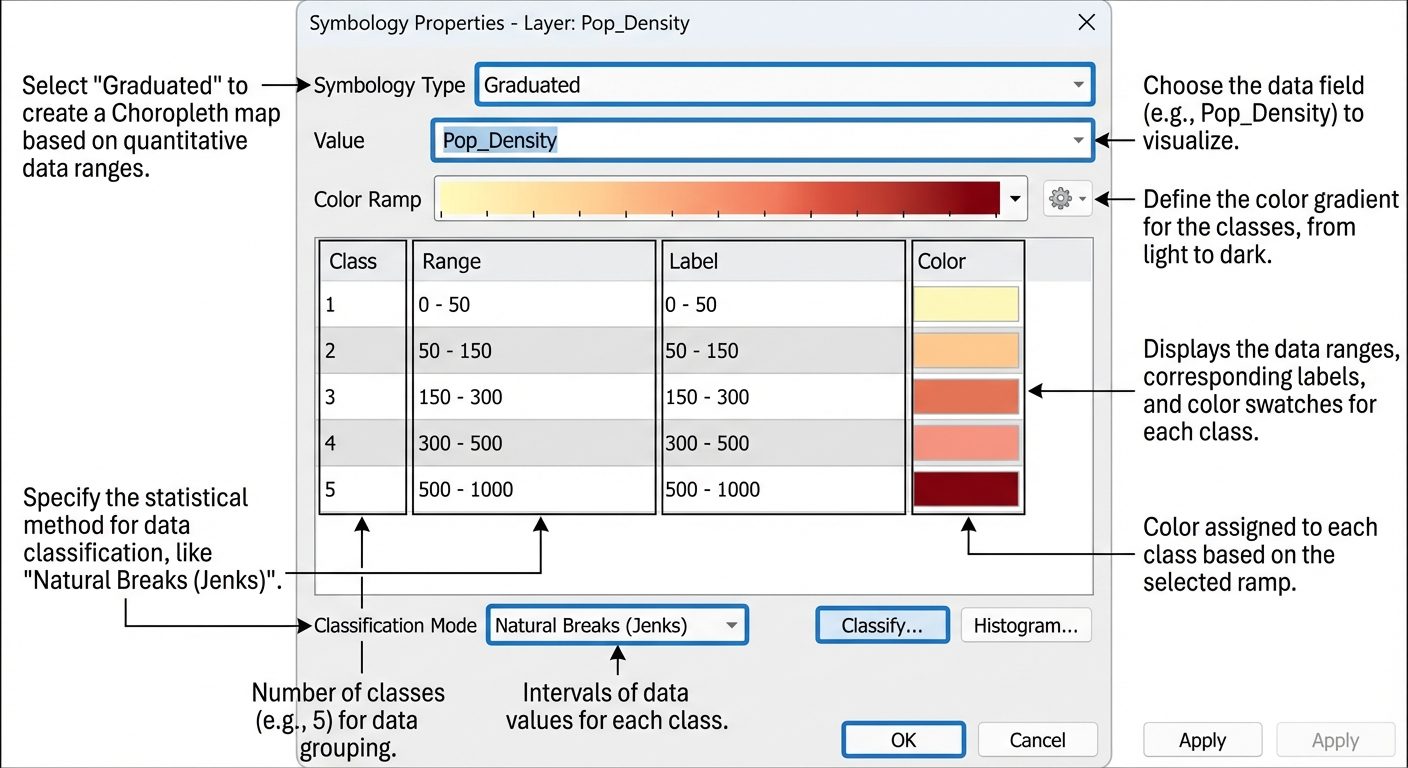A detailed view of a GIS software "Symbology Properties" dialog box for creating a Choropleth map. A...