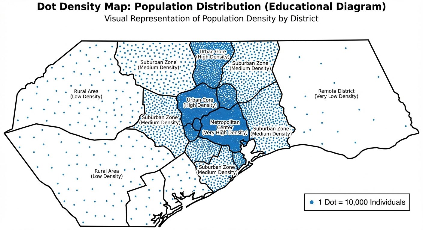 A visual representation of a Dot Density Map output. Show a geographical area divided into multiple ...