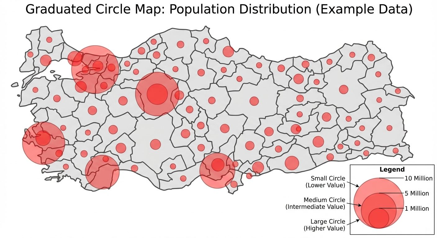 A visual representation of a Graduated Circle Map output. Show a map with light grey polygon regions...
