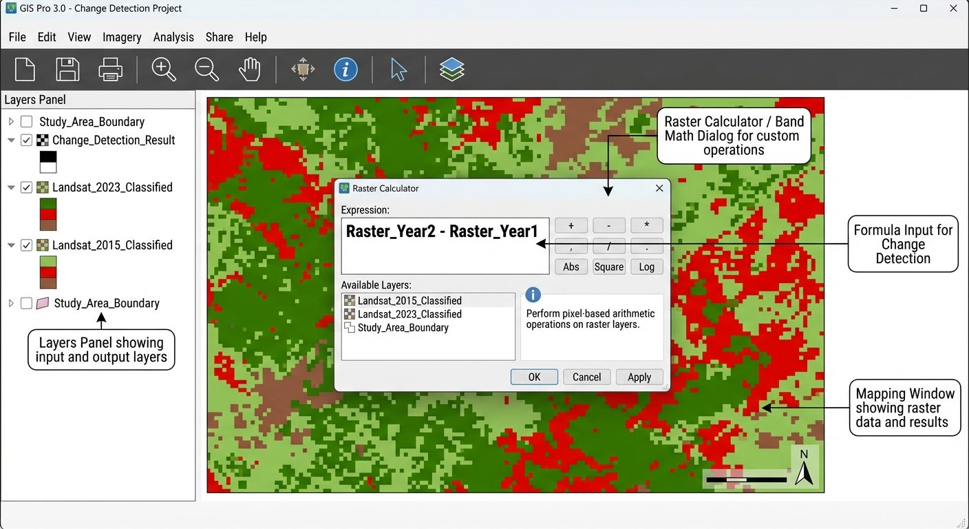 A detailed user interface mock-up of a GIS software application performing raster calculator operati...