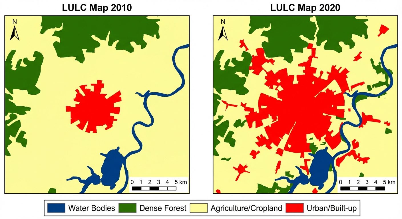 Two side-by-side classified Land Use/Land Cover (LULC) maps of the same geographic region representi...