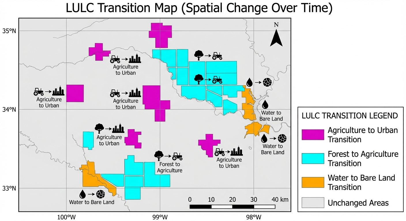 A detailed spatial change map emphasizing Land Use/Land Cover transitions over time. The map uses a ...