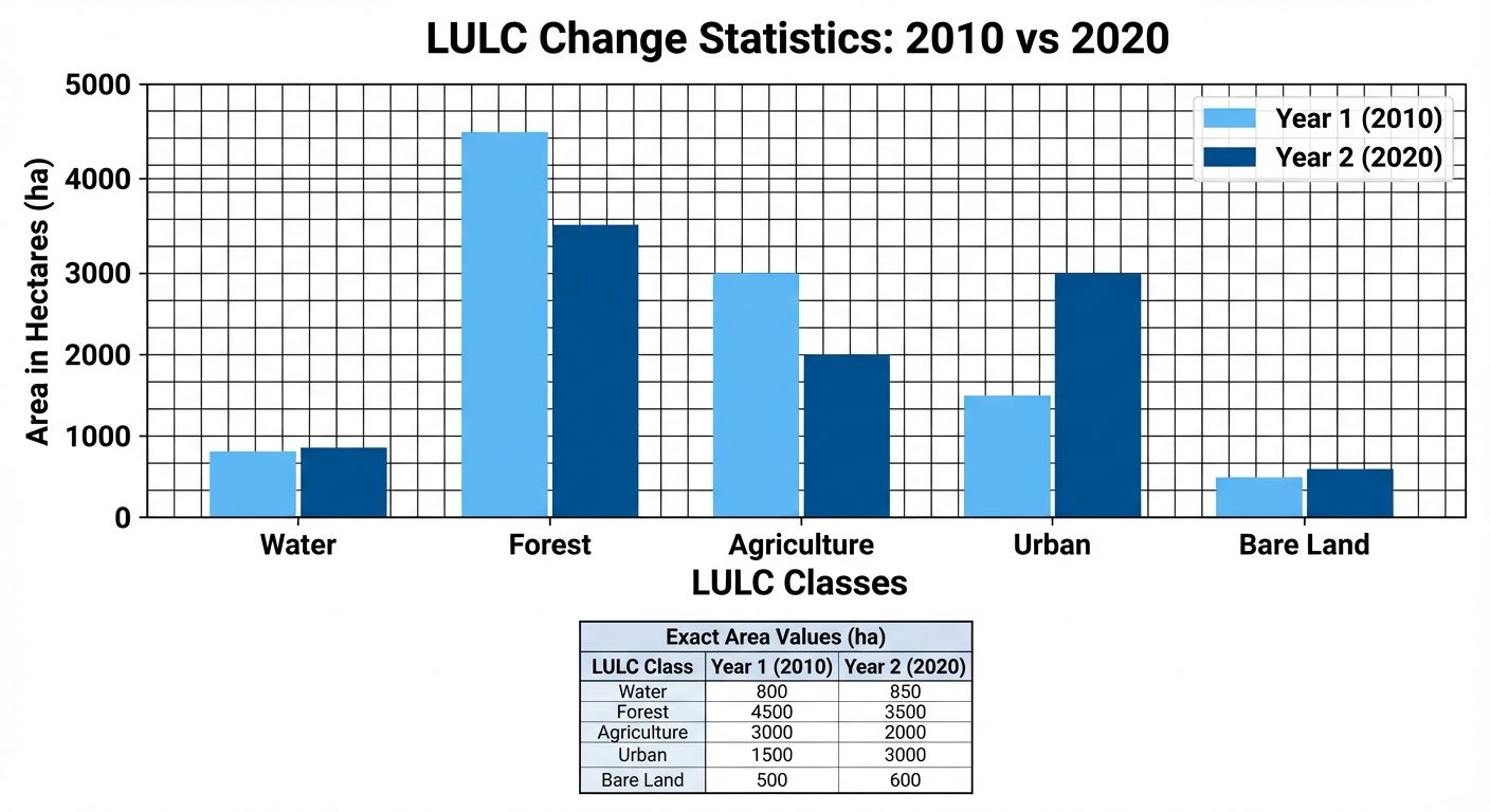 A clear graphical visualization of Land Use/Land Cover change statistics. The image contains a large...