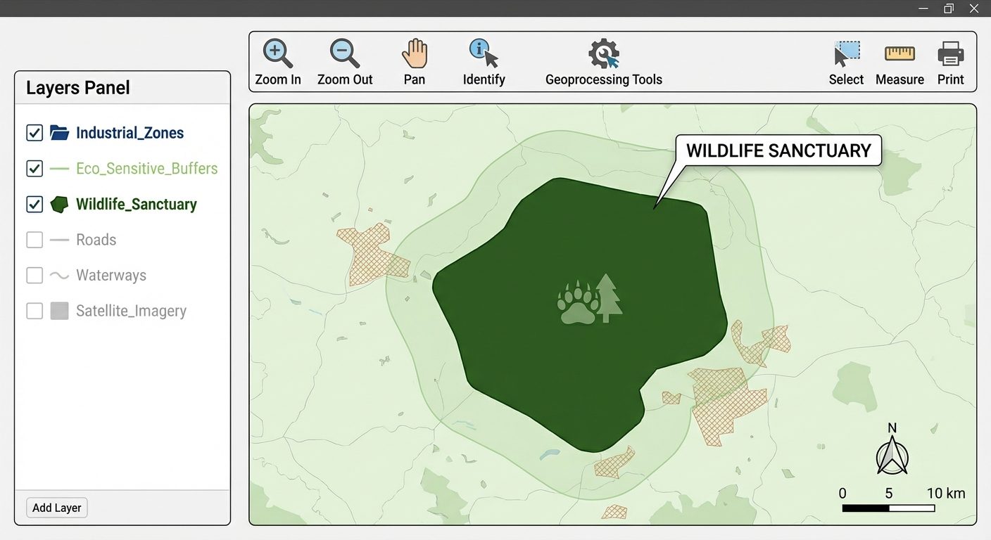 A detailed diagram of a GIS software interface setup (similar to QGIS or ArcGIS). On the left side, ...