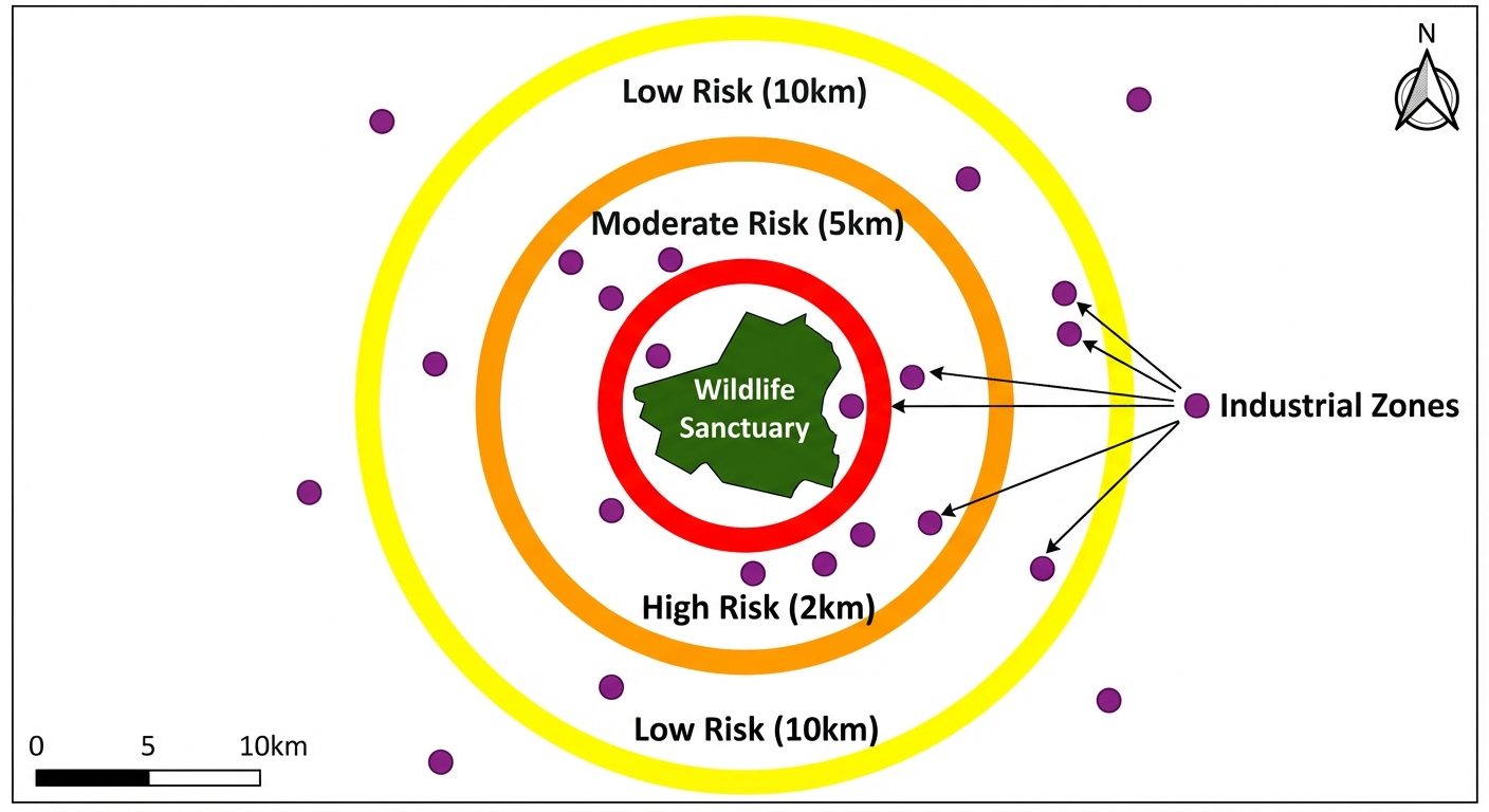 A detailed GIS map canvas visualization. In the center is a dark green polygon denoting a wildlife s...