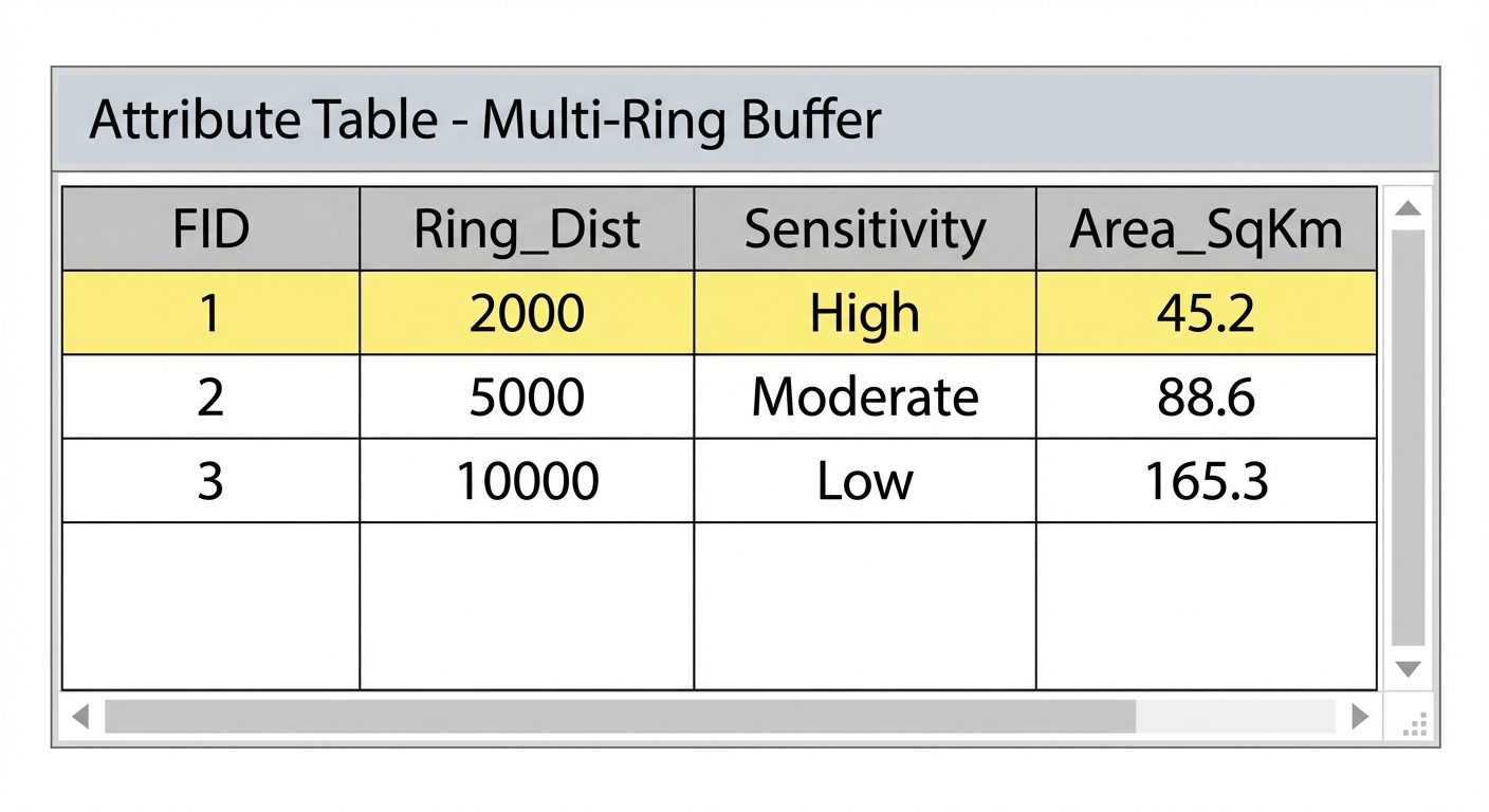 A detailed GIS Attribute Table interface. The window header says "Attribute Table - Multi-Ring Buffe...