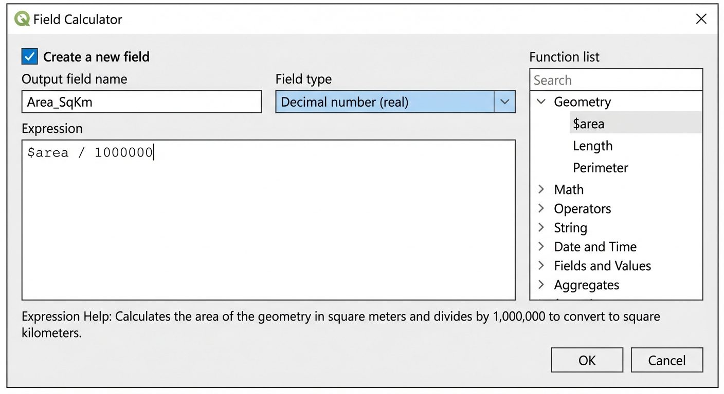 A detailed Field Calculator dialog box in a GIS software. At the top, a checkbox "Create a new field...