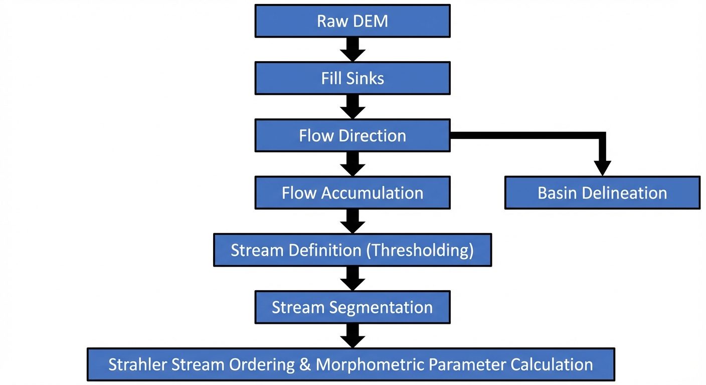 A detailed block diagram showing the GIS workflow for Morphometric Analysis. The flowchart starts at...
