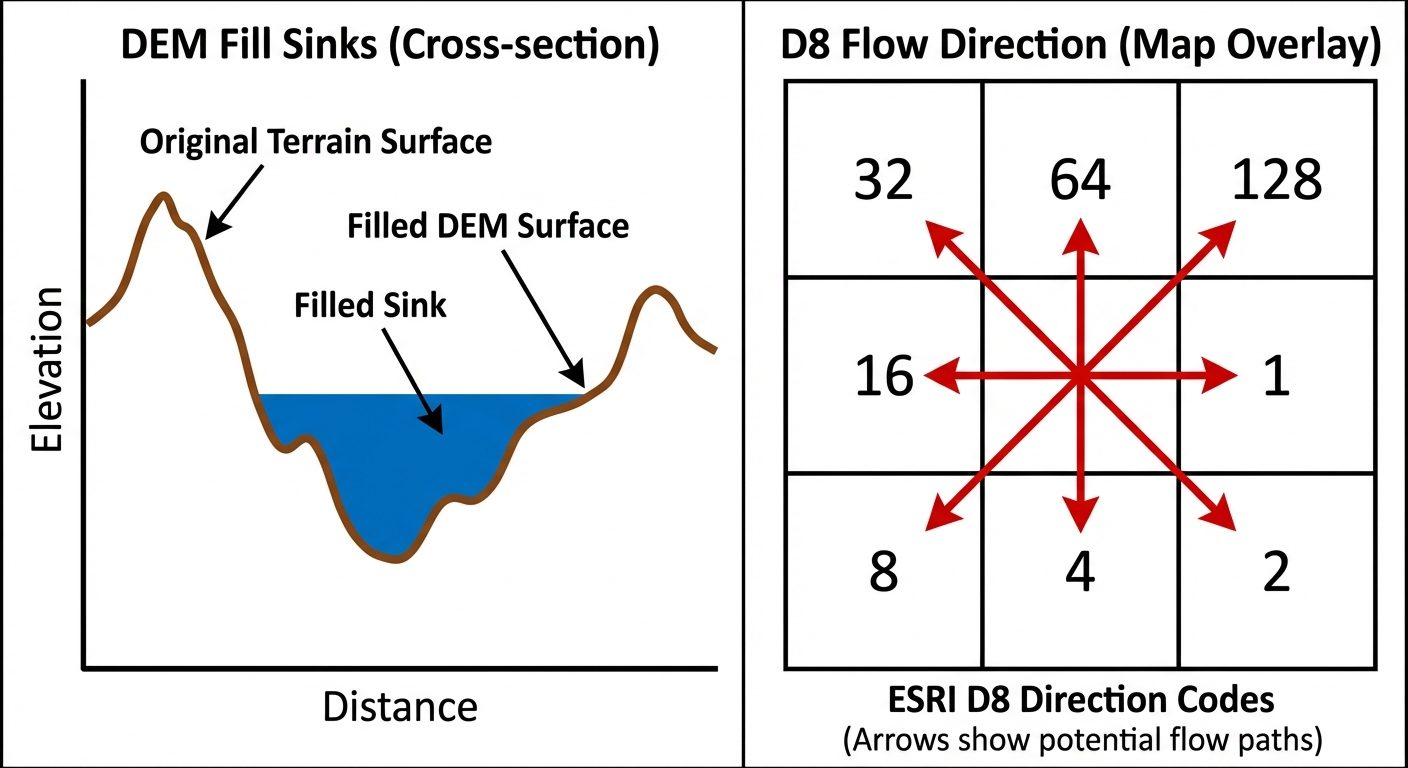 A schematic cross-section and map overlay demonstrating the DEM Fill Sinks and Flow Direction proces...