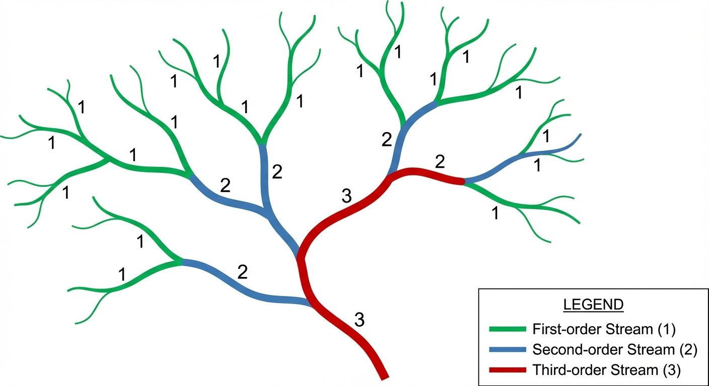 A visual diagram illustrating the Strahler Stream Ordering method. Show a tree-like river network wi...