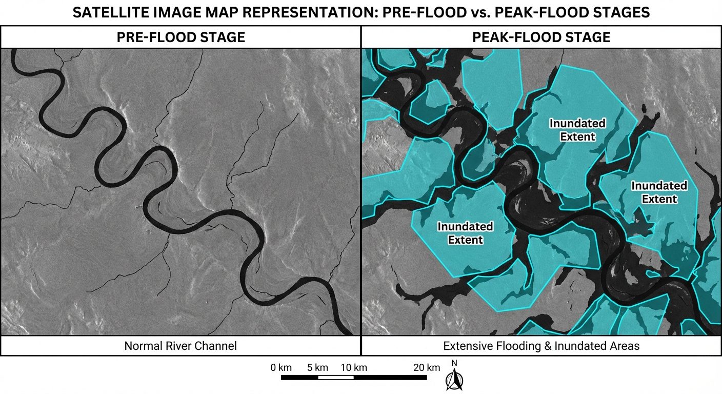 A split-screen satellite image map representation showing pre-flood and post-flood stages. On the le...