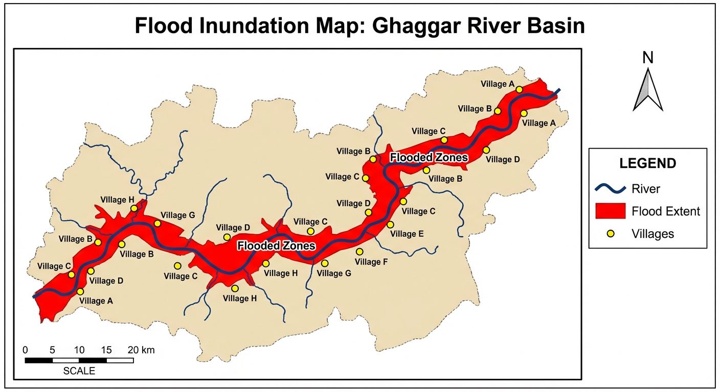 A detailed GIS Map Layout of a Flood Impact Assessment for the Ghaggar River. The main map shows a g...