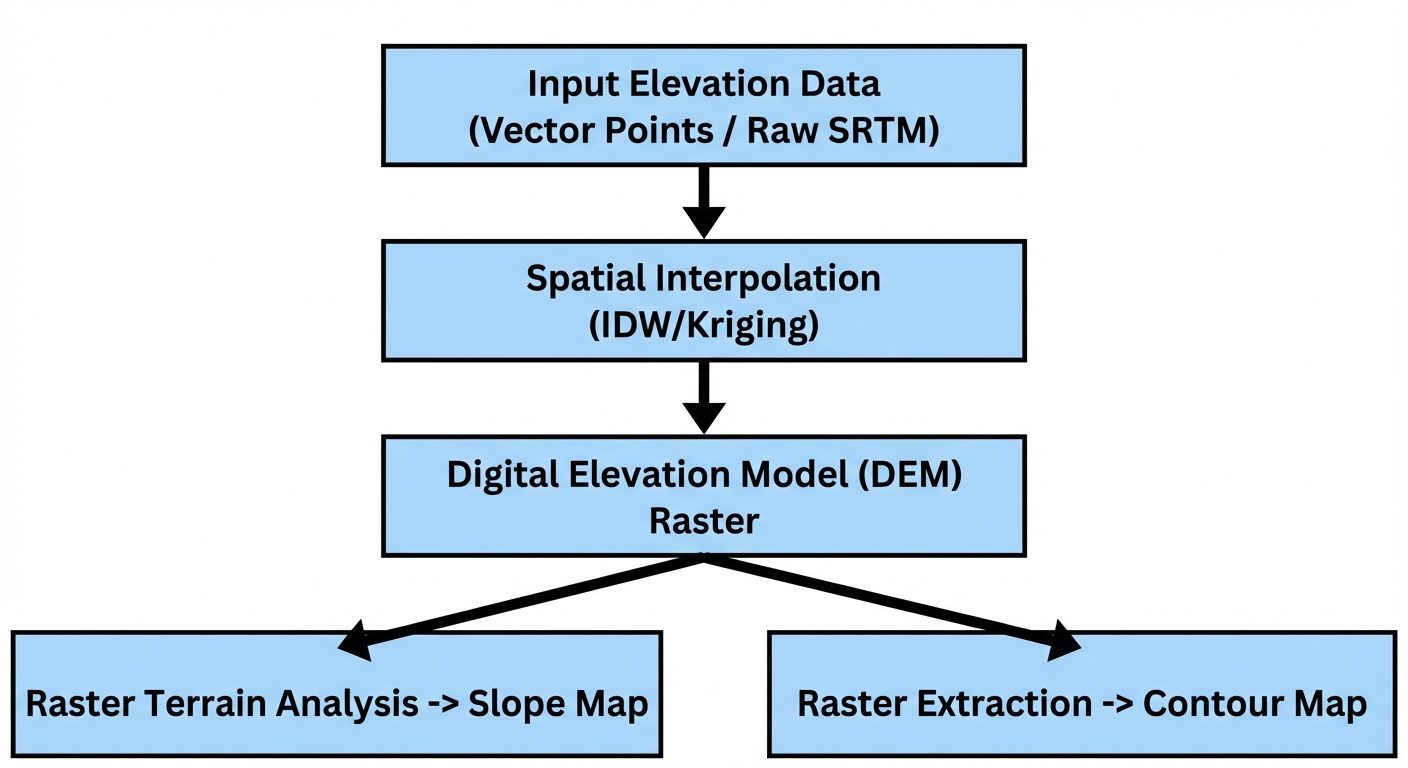 A high-level flowchart/block diagram showing the GIS relief mapping workflow. The diagram consists o...