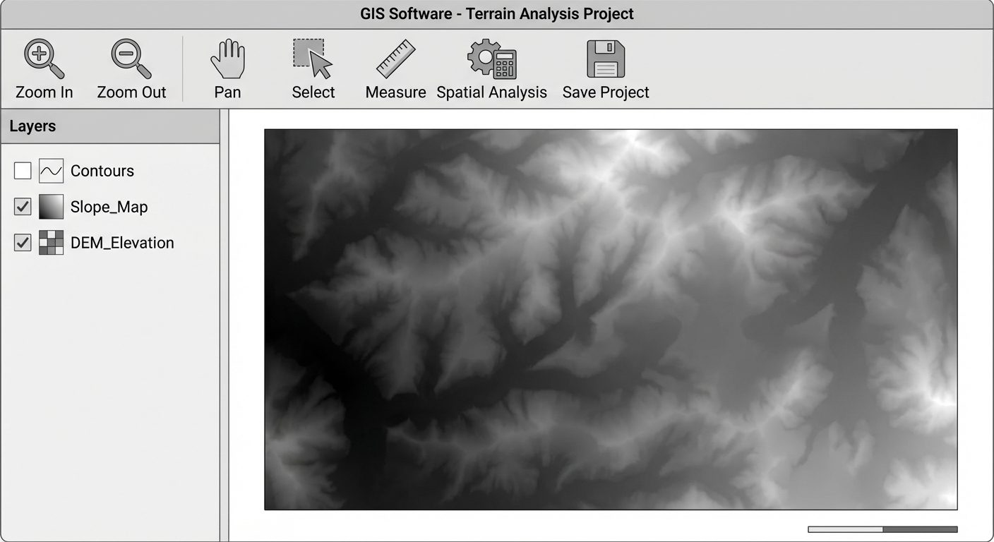 A typical GIS software graphical user interface (like QGIS). Show a large central map canvas display...