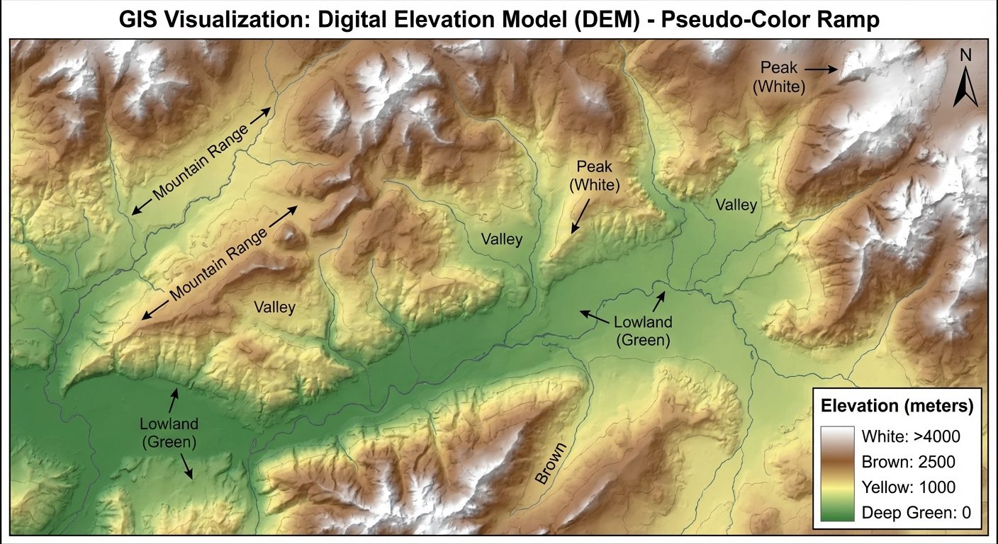 A visualization of a Digital Elevation Model (DEM) rendered in a GIS software. The map shows a mount...