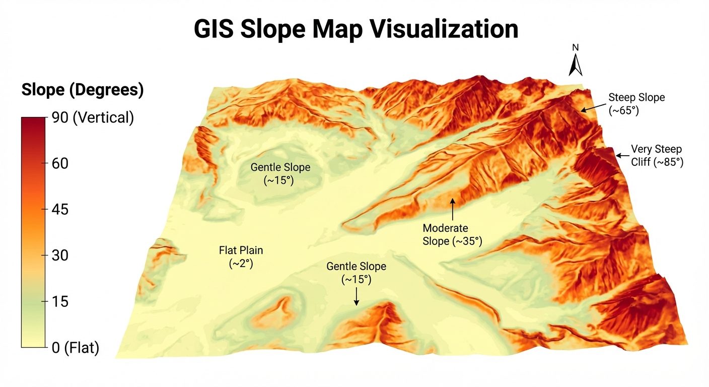 A detailed visualization of a Slope Map generated in GIS. The map displays the same terrain footprin...