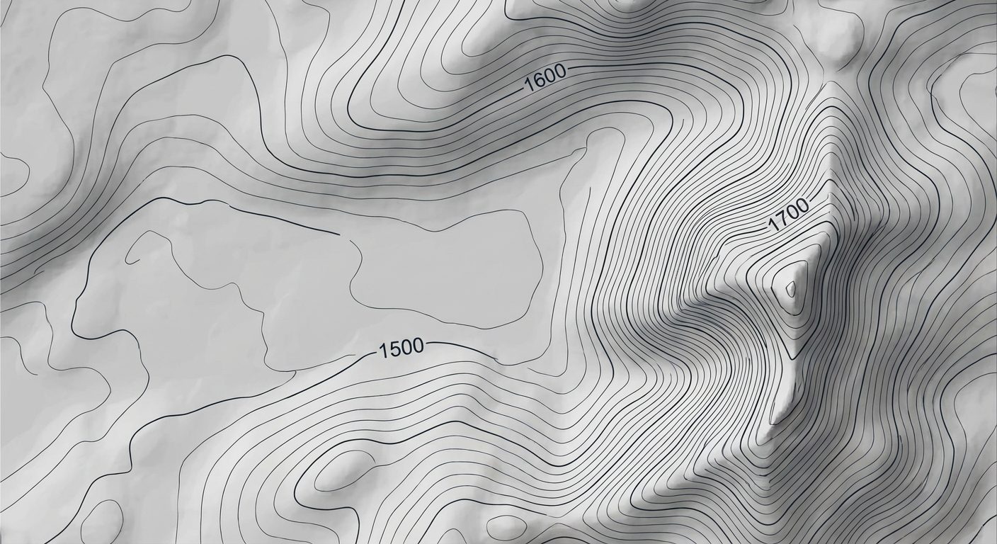 A topographic Contour Map overlapping a shaded relief background. The image shows intricate, curving...