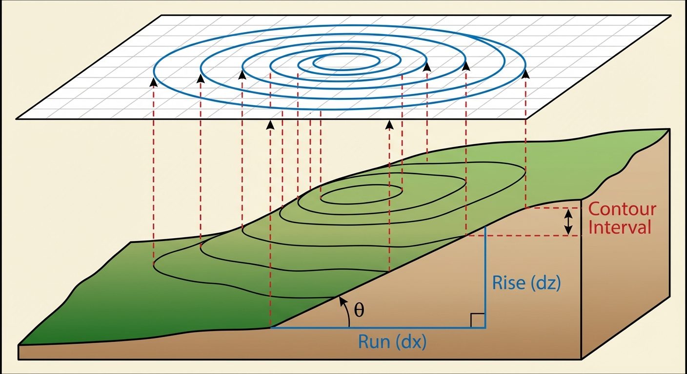 A geometric diagram illustrating the concept of Slope and Contour lines. Show a 3D cross-section of ...